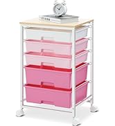 SYKIARIOL Utility Cart with 5 Drawers,Storage Drawer Cart with Wooden Tabletop and Lockable Wheel...