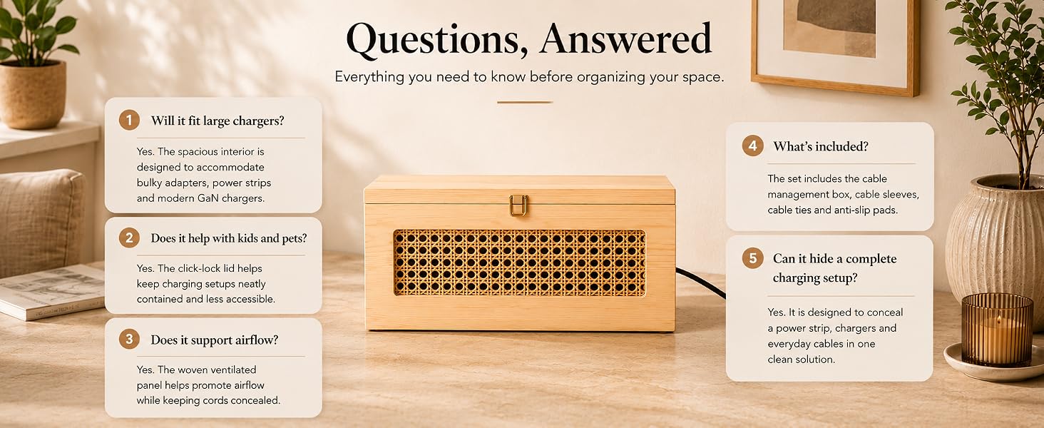 FAQ about capacity, airflow, safety and accessories of the wooden cable management box.