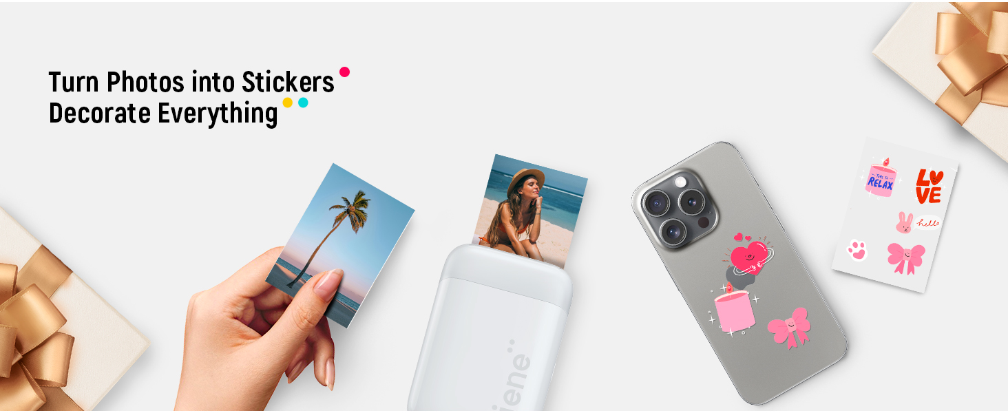 Photo printing sticker service display showing smartphone, printed photos, and decorative stickers. Demonstrates conversion of digital photos into custom stickers.