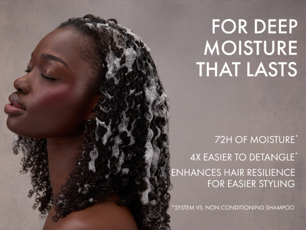 Young woman with wet dark hair covered in shampoo foam beside long lasting moisturization text.