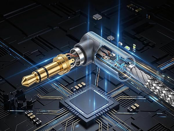 Close up of 90 degree 3.5mm audio jack showing internal circuit and chip.