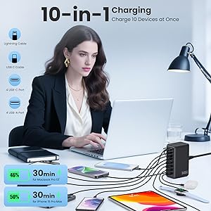 USB C Charger USB C Charger Block, 10-Ports GaN IV Fast Charging Station Hub,PD Laptop Charger