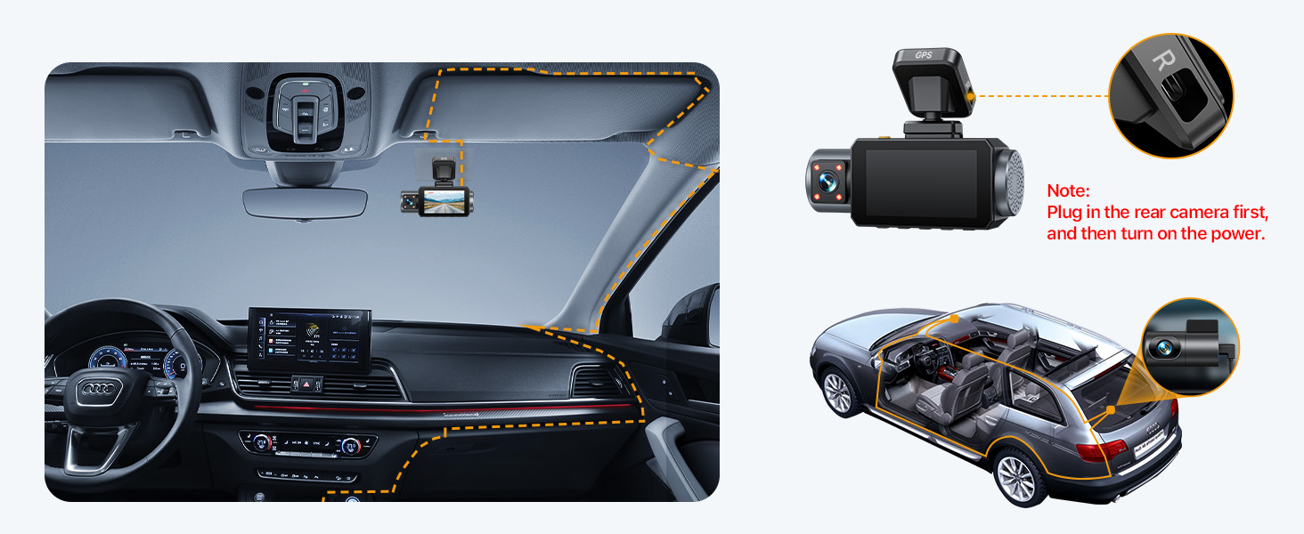 Vehicle dashboard camera installation diagram showing mounted camera position and wiring route through car interior, with technical placement illustrations.