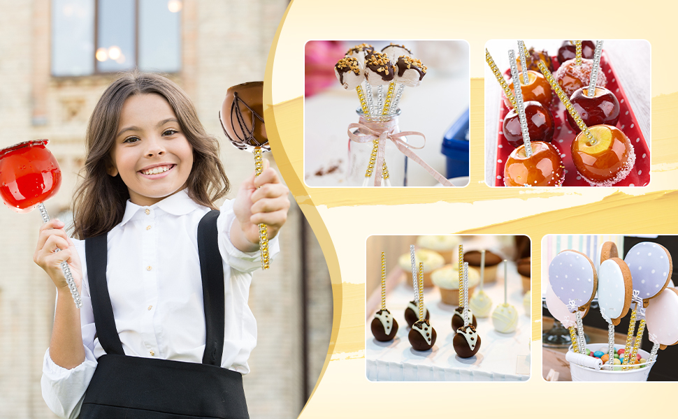 Bling Cake Pop Sticks, Glitter Gold Silver Lollipop Candy Apple Paper Skewers, Cupcake Treat Toppers