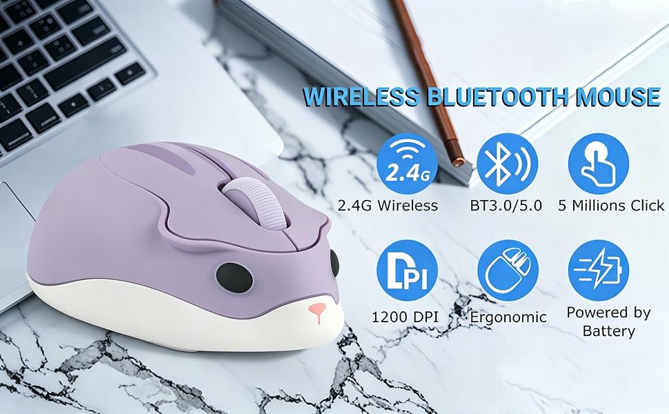 Wireless Mouse Cute Hamster Shape Silent Click Portable Notebook MacBook Kids Girl Boy Men