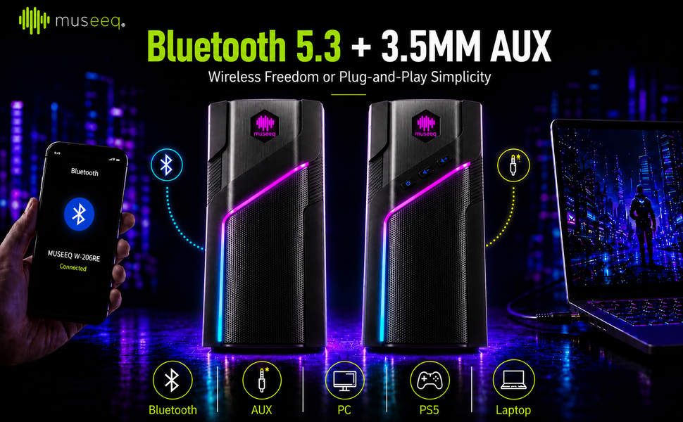 RGB desktop speakrs with bluetooth 5.3 and AUX connection for gaming PC and laptop setups