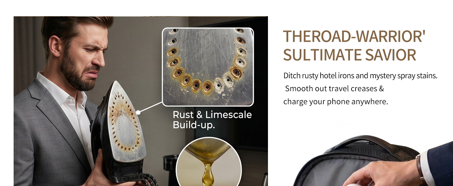 Ditch rusty hotel irons and mystery spray stains.Smooth out travel creases &amp;amp;amp;charge your phone