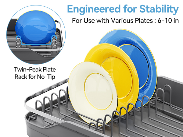 Text reads "Engineered for Stability", "For Use with Various Plates: 6-10 in", "Twin-Peak Plate Rack for No-Tip". Blue and yellow dish rack with slotted storage displaying stacked plates and labeled stability features.