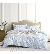 LEMIROE Vintage Cotton Comforter Queen Size 3Pcs - Elegant Pale Slate Blue Floral Pattern on Whit...