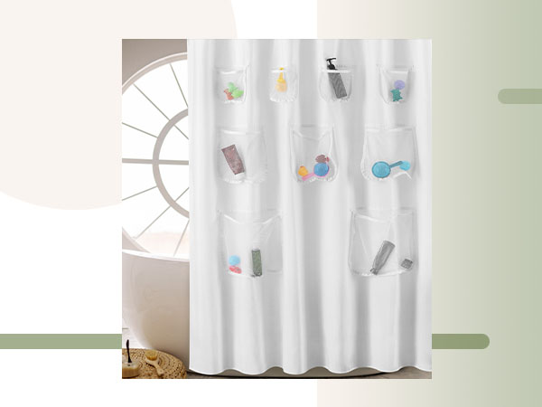 white fabric shower curtain or liner with mesh pockets