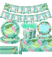 142Pcs Hawaiian Birthday Party Plates and Napkins Tropical Luau Party Decorations Palm Leaves Tab...