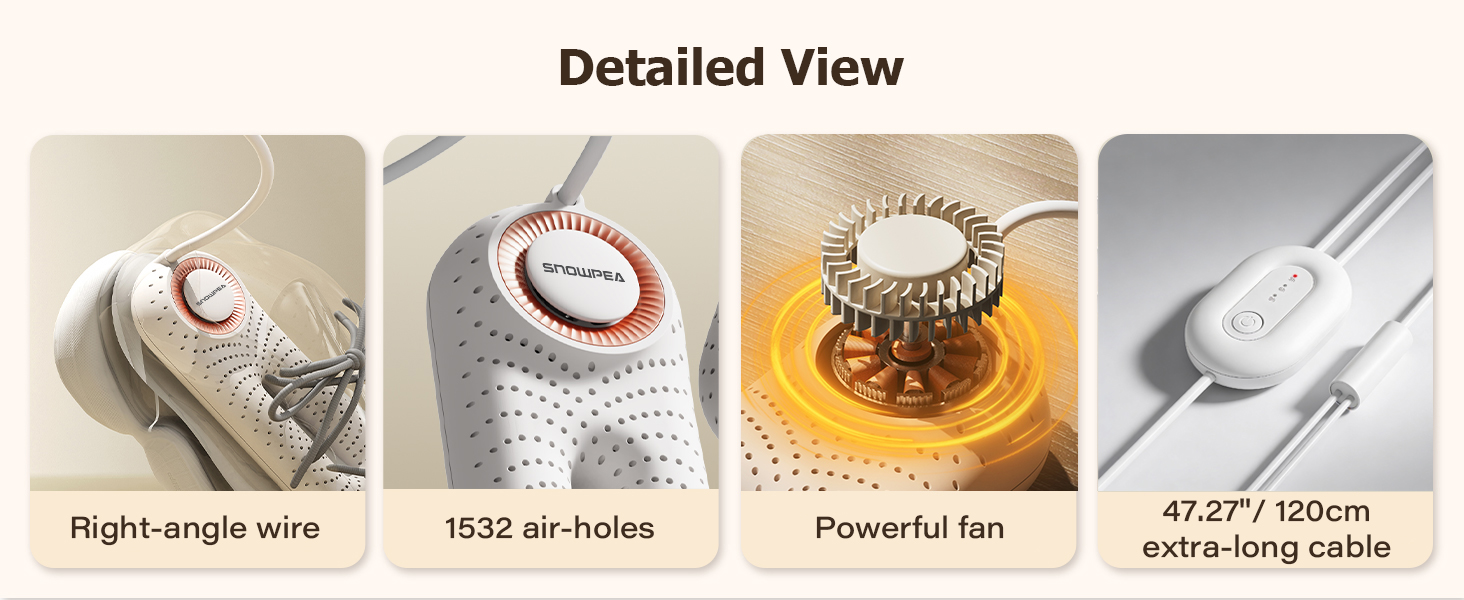 Text: 'Detailed View', 'Right-angle wire', '1532 air-holes', 'Powerful fan', '47.2°/7.6cm' - Technical product details showing various components and specifications.