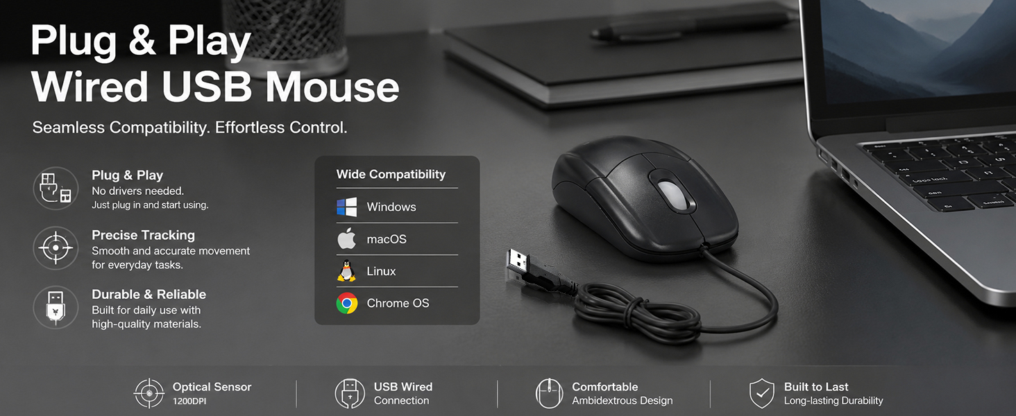 USB Wired Office Mouse with Extra Long Cable