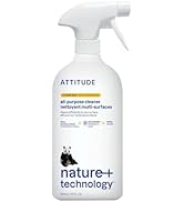 Text reads: 'ATTITUDE nature+ technology all-purpose cleaner nettoyant multi-surfaces'. White spray bottle with minimalist design featuring small panda illustration.