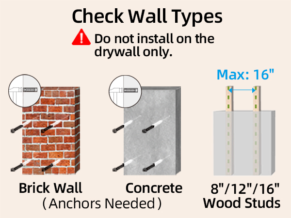 Wall mounting guide showing three types: brick wall, concrete, and wood studs. Warning not to install on drywall only. Maximum stud width indicated as 16 inches.