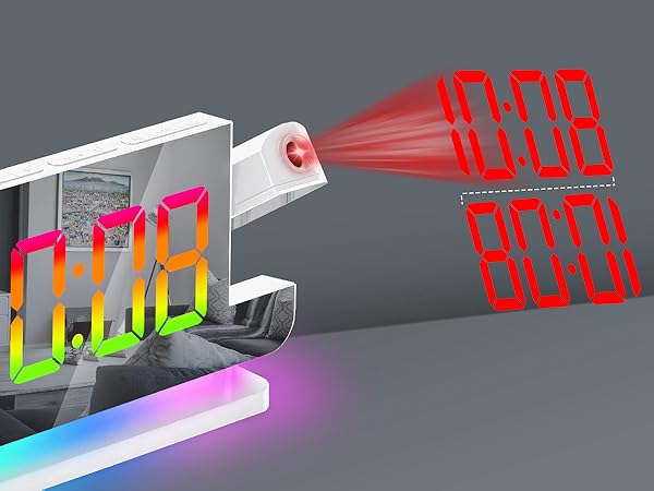 Projection Alarm Clock,7.4 in LED Mirror Digital Clocks Projection on Ceiling Wall,RGB Night Light