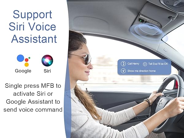 Text reads 'Support' and 'Siri Voice Assistant'. Instructional images showing car interior interface and voice command activation steps for digital assistant features.