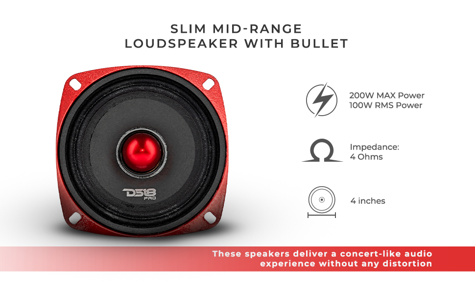 DS18 PRO-X4.4BMSL Car Speaker 4&amp;#34; Shallow Mid-Range Loudspeaker with Bullet 200 Watts