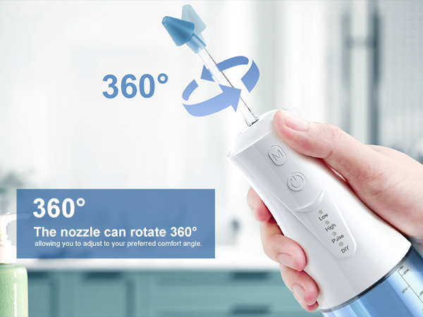 Hand holding a white electric toothbrush with 360-degree rotation capability. Text and graphics indicate the brush's rotating feature.