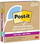Post-it 100% Recycled Paper Super Sticky Notes, 2X The Sticking Power, 4x4 in, 3 Pads, 70 Sheets/...
