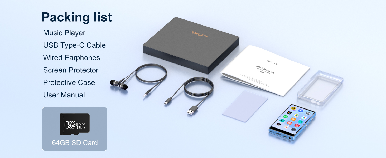 Product packing list displaying mobile power bank, USB Type-C cable, earphones, screen protector, protective case, user manual, and memory card laid out on light blue background.