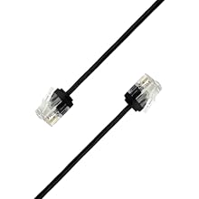 Telephone cable with transparent RJ11 connectors on both ends. Black cord connecting two modular plugs with visible gold contacts inside clear plastic housings.