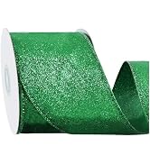 RIBBOOO Christmas Green Glitter Ribbon, 2.5 Inch 10 Yards Sparkly Wired Edge Fabric Ribbon for Cr...