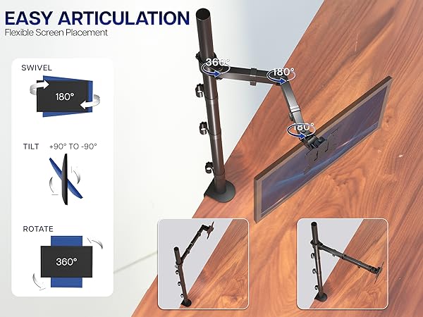 tall monitor mount adjustable desk stand clamp grommet tilt swivel rotate ergonomic setup