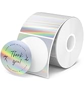 Roll of holographic stickers with 'Thank you!' message. Circular labels feature iridescent background and handwritten-style text. Roll shows multiple stickers with rainbow-like reflective surface.