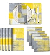 MCALK 4 Each Yellow Placemats and Cloth Napkins set of 8, Modern Art Placemat, Abstract Art Paint...