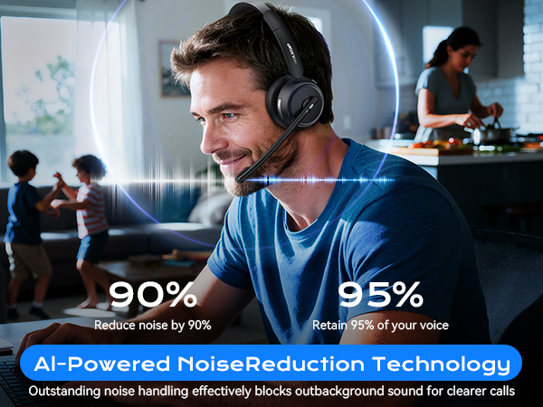 wireless headset with mic filters background chatter and office noise