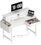 Lufeiya 32 Inch Small White Desk with 4 Drawers and Monitor Stand with Power Outlet for Home Offi...