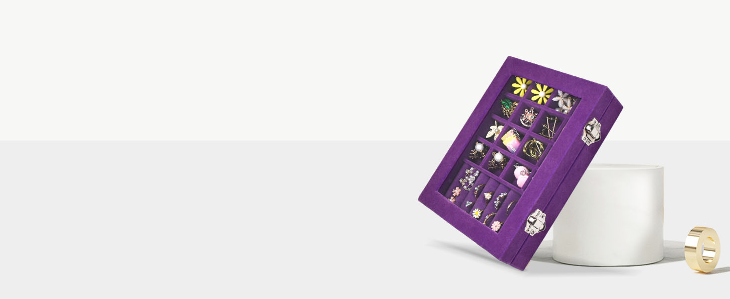 Vicoter Velvet Jewelry Organizer Tray 7 Ring Slots &amp;amp; 16 Grid Compartments Glass Lid Display Case