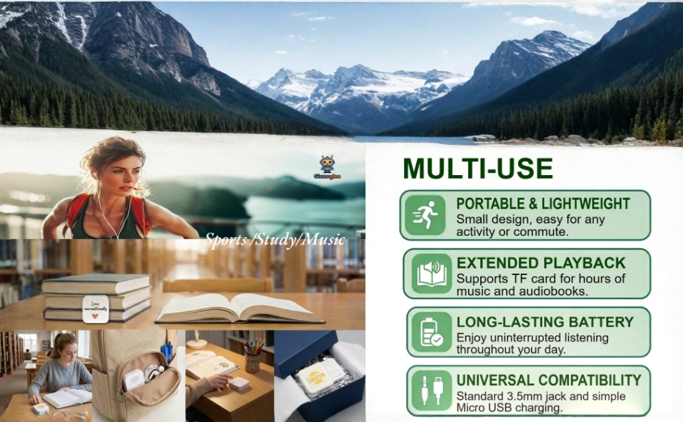 Multi-use MP3: Lightweight for student study/commute, TF card playback, long battery, 3.5mm jack.