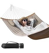 Double Hammock, 11 FT Quilted Fabric 2 Person Hammock for Outside with Pillow, Folding Curved Spr...