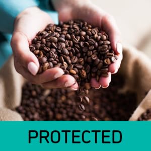 Close up of a woman’s hands holding handfuls of coffee beans on top of a coffee bag