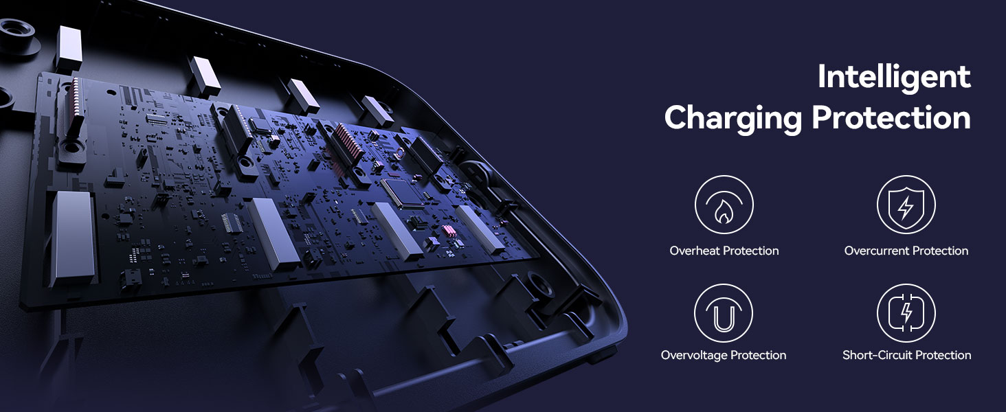 Dark technical diagram showing 'Intelligent Charging Protection' with multiple illuminated circuit icons.