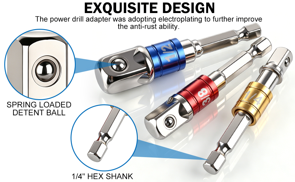 3-Piece Impact Grade Socket Adapter/Extension Set Turns Power Drill Into High Speed Nut Driver