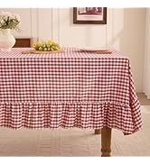 Romanstile Gingham Ruffled Tablecloth Rectangle - Outdoor Linen Cotton Checkered Table Cloth, Wat...