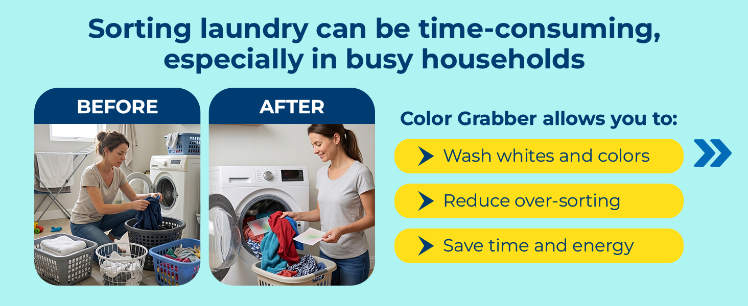 Carbona Color Grabber allows whites and colors to be washed together while reducing sorting time