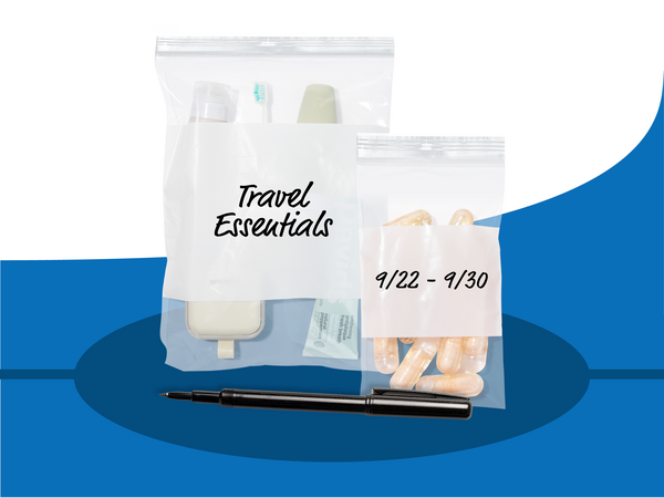 Two of our 2 Mil zip block bags holding travel items with writing on the blocks to label each bag.