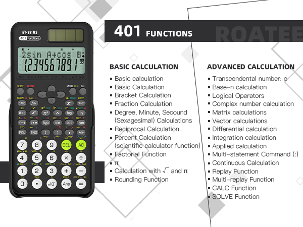 Scientific Calculators School Supplies, ROATEE 401 Functions 2-Line Display with Sliding Cover