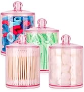 Tbestmax 12oz Qtips Holder Bathroom Container, 4 Pack Apothecary Jars with Lids, Pink Cotton Ball...