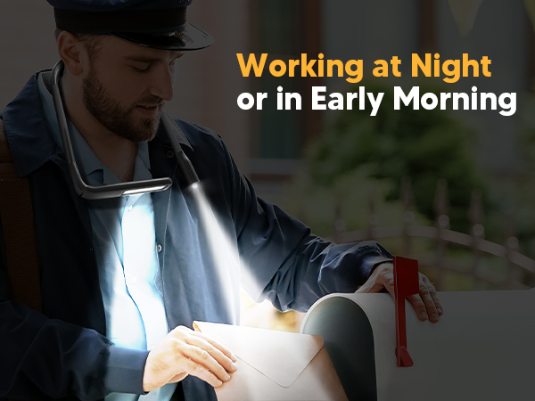 A mail carrier is delivering mail in the dark with the EastPin neck flashlight for illumination