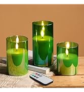 Eywamage Green Glass Flameless Pillar Candles with Remote, Flickering Christmas Battery LED Candl...