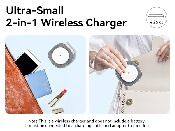 Text reads 'Ultra-Small 2-in-1 Wireless Charger' and 'Note: This is a wireless charger and does not include a battery.' Product demonstration images of compact charging device.