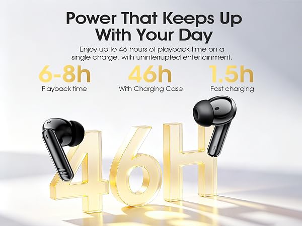 46H total playtime wireless earbuds with fast charging, perfect for long travel.