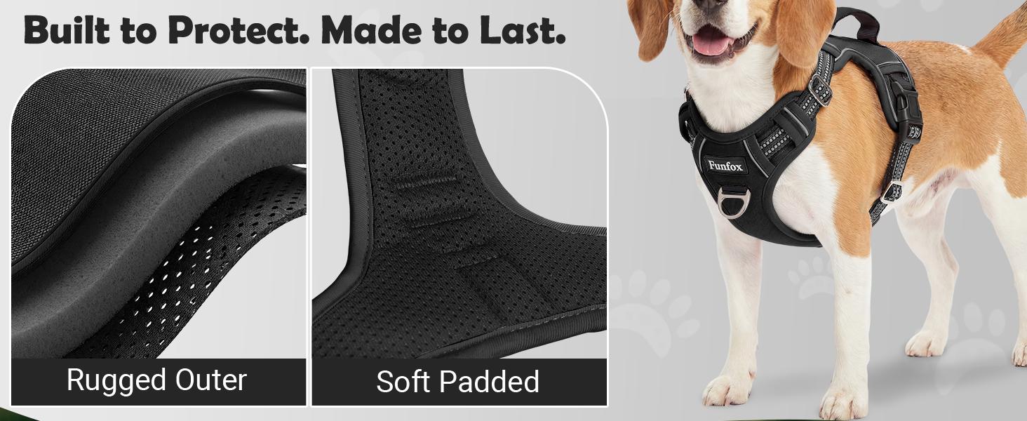 Text reads 'Built to Protect. Made to Last.' 'Rugged Outer' 'Soft Padded'. Product images showing dog harness features with close-up details of padding and exterior material.