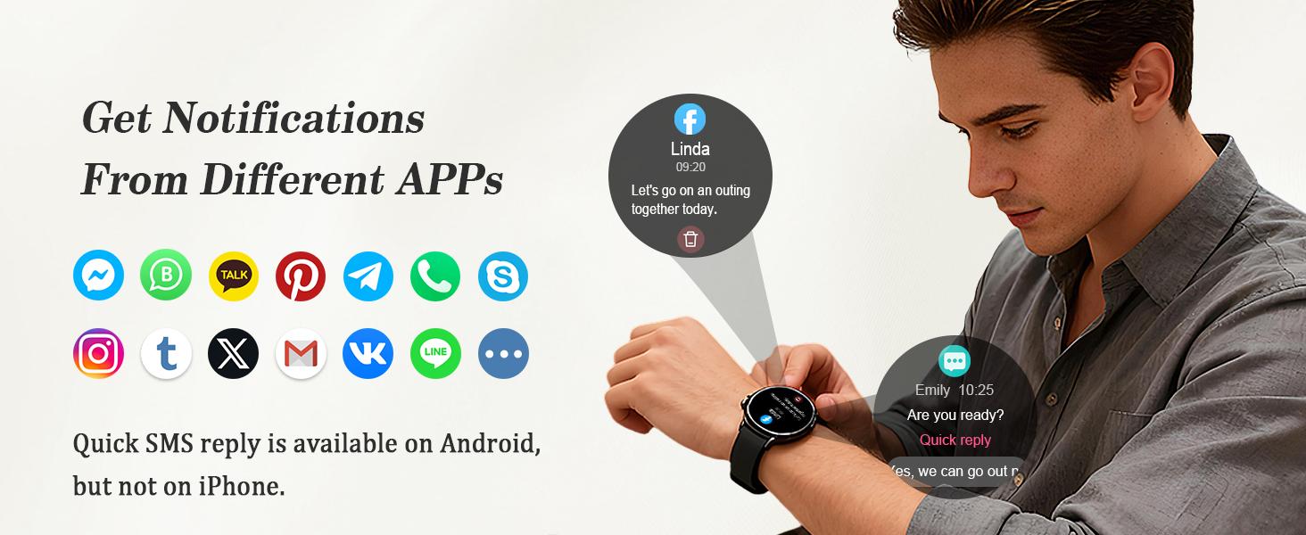 Text reads 'Get Notifications From Different APPs' with collection of social media and messaging app icons including WhatsApp, Telegram, WeChat, and others.