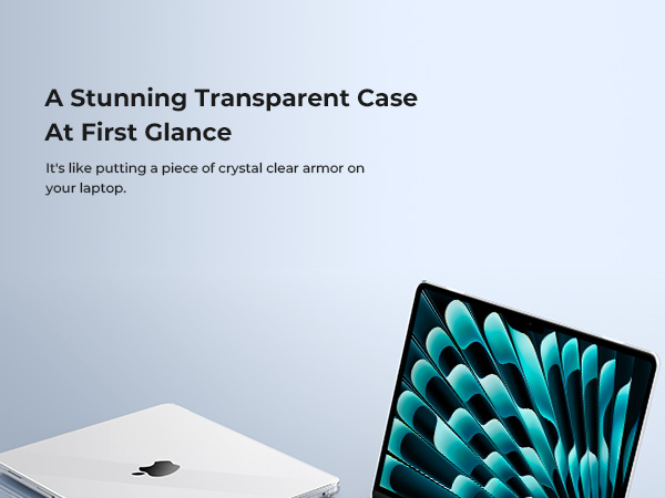 Transparent laptop case product showcase with text, featuring clear protective cover displayed next to a white laptop device.